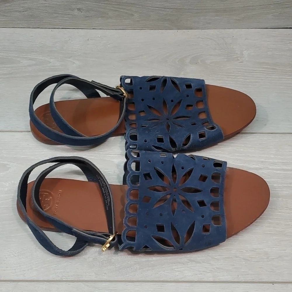 Tory Burch Womens May  Ankle Leather Suede Flats Sandals shoes sz 10M